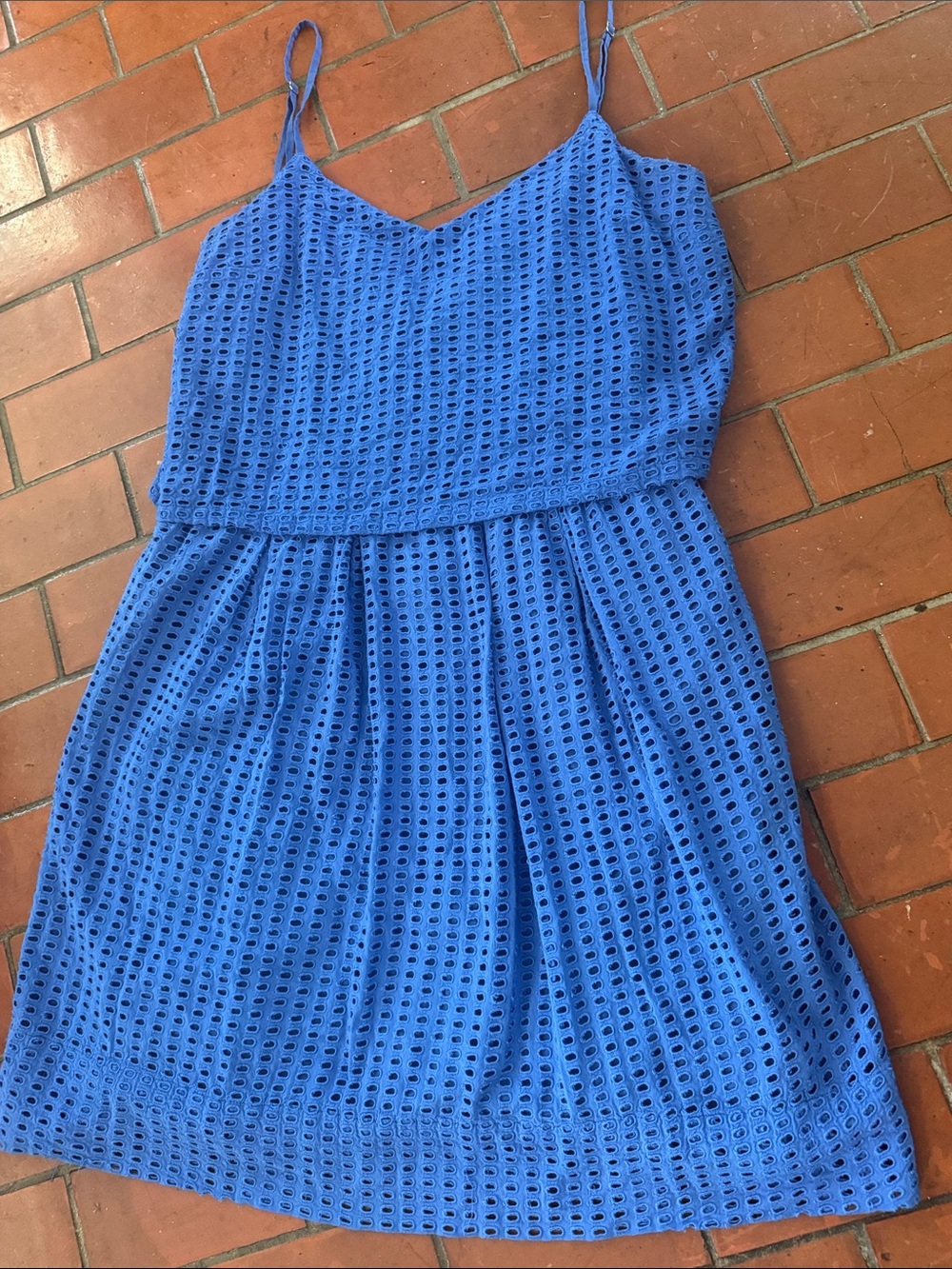 Blue Eyelet Dress - 💯cotton, S adjustable straps, layered, pretty